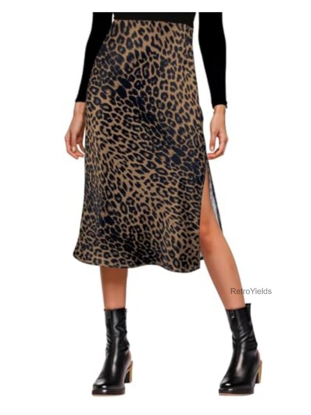 Satin Midi Skirt High Waisted Side Slit A-Line Silk-Like Formal Casual